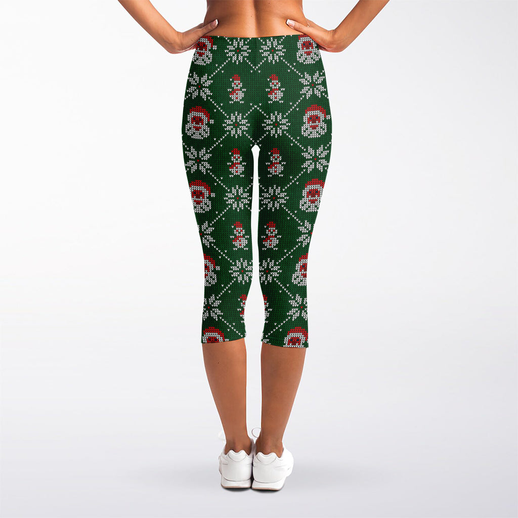 Santa Claus Knitted Pattern Print Women's Capri Leggings