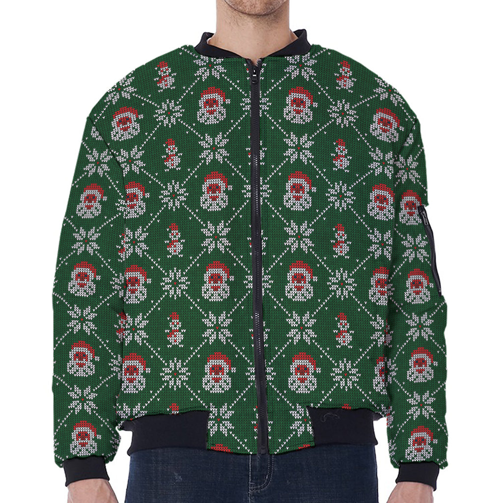 Santa Claus Knitted Pattern Print Zip Sleeve Bomber Jacket