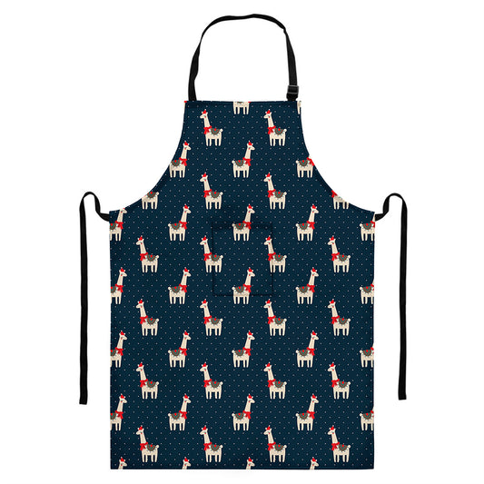 Santa Claus Llama Xmas Pattern Print Bib Apron With Pocket