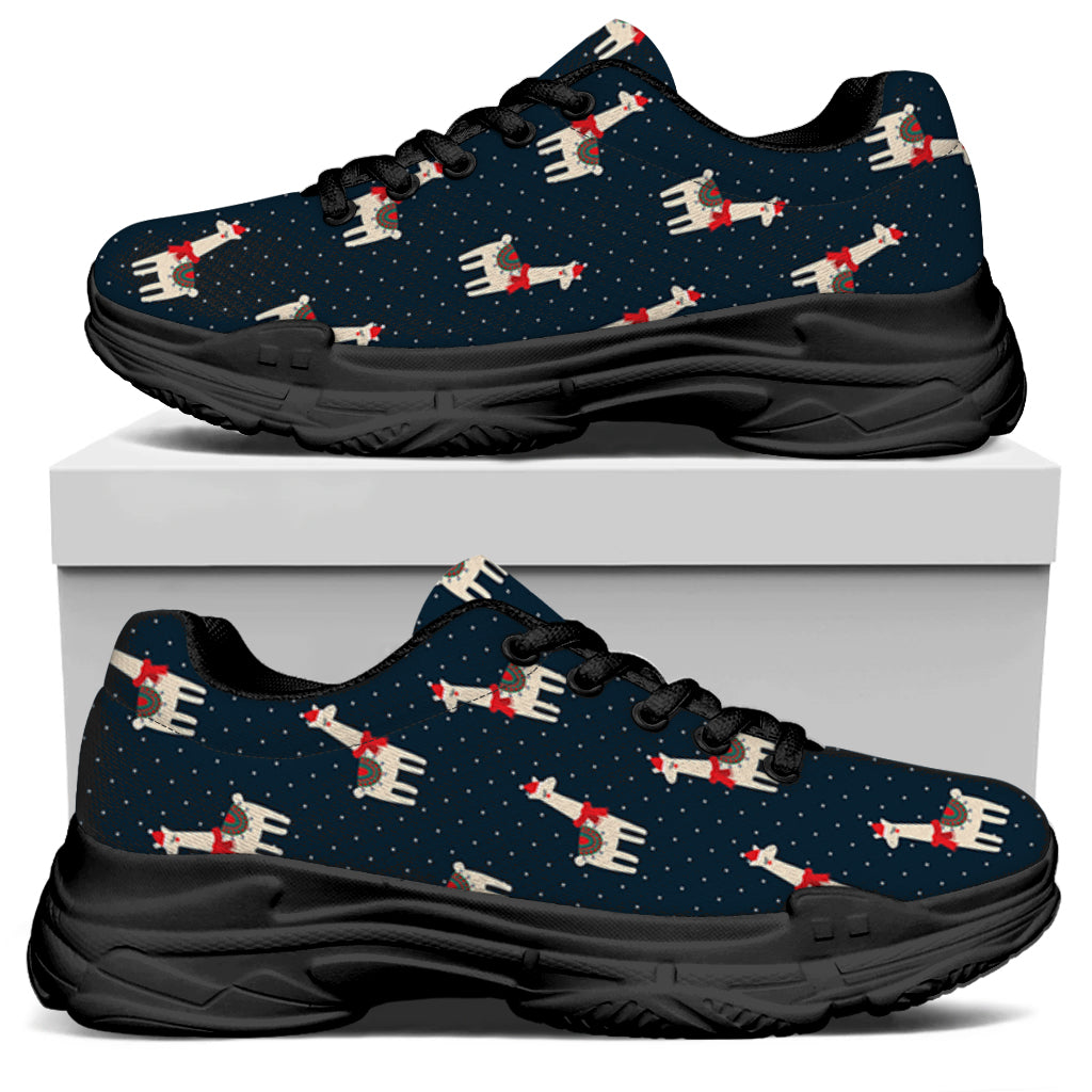 Santa Claus Llama Xmas Pattern Print Black Chunky Shoes