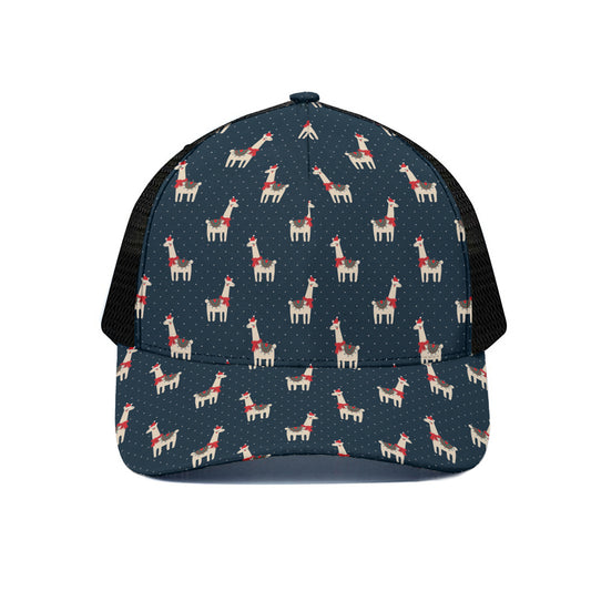Santa Claus Llama Xmas Pattern Print Black Mesh Trucker Cap