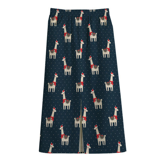 Santa Claus Llama Xmas Pattern Print Cotton Front Slit Maxi Skirt