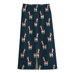 Santa Claus Llama Xmas Pattern Print Cotton Front Slit Maxi Skirt