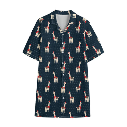 Santa Claus Llama Xmas Pattern Print Cotton Hawaiian Shirt