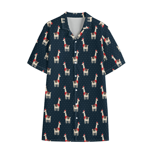 Santa Claus Llama Xmas Pattern Print Cotton Hawaiian Shirt