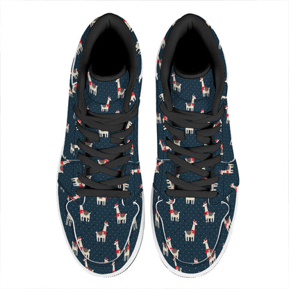 Santa Claus Llama Xmas Pattern Print High Top Leather Sneakers
