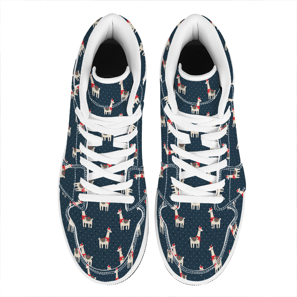 Santa Claus Llama Xmas Pattern Print High Top Leather Sneakers