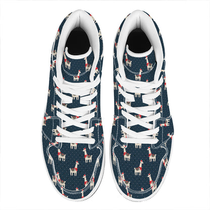 Santa Claus Llama Xmas Pattern Print High Top Leather Sneakers