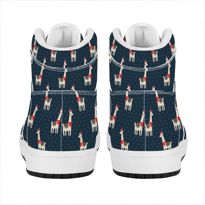 Santa Claus Llama Xmas Pattern Print High Top Leather Sneakers