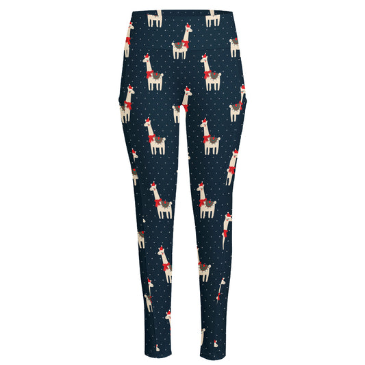 Santa Claus Llama Xmas Pattern Print High-Waisted Pocket Leggings