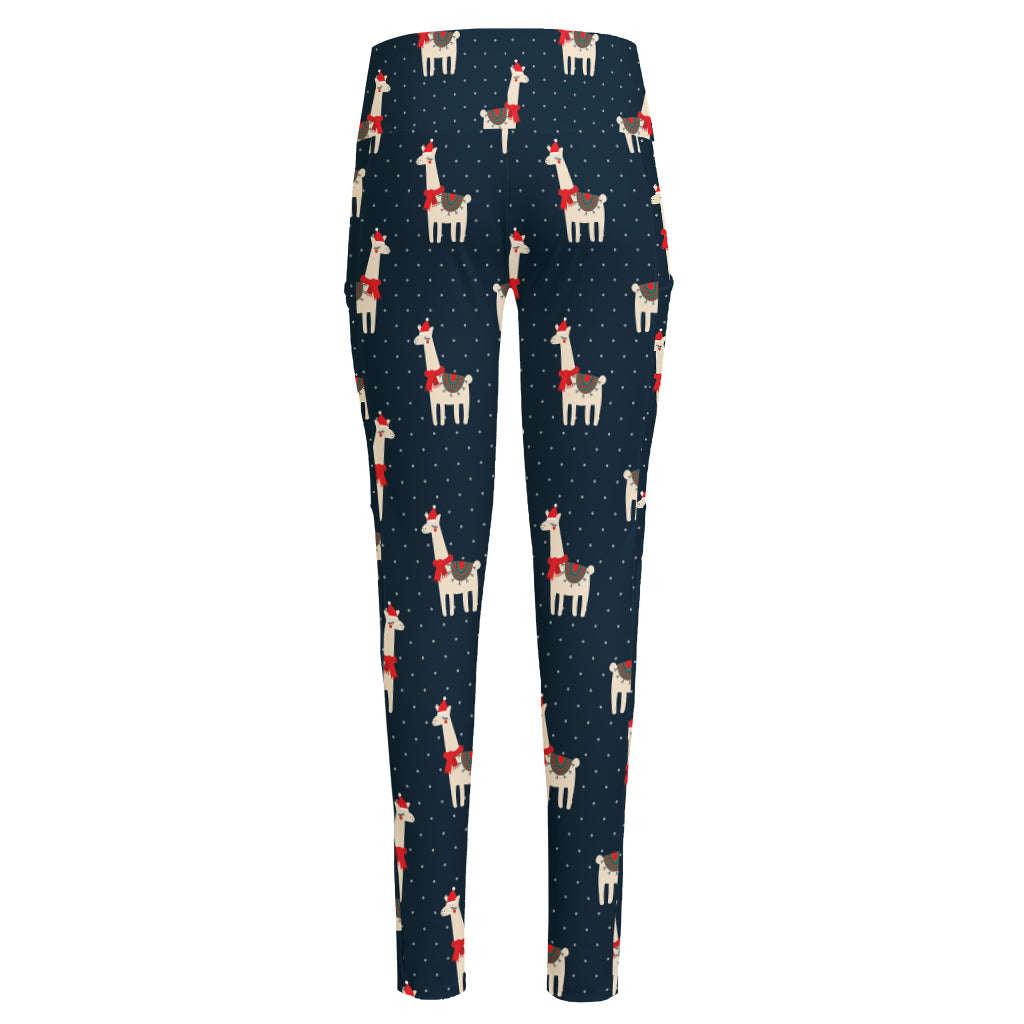 Santa Claus Llama Xmas Pattern Print High-Waisted Pocket Leggings