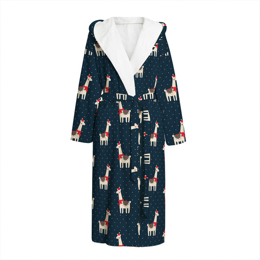 Santa Claus Llama Xmas Pattern Print Hooded Bathrobe
