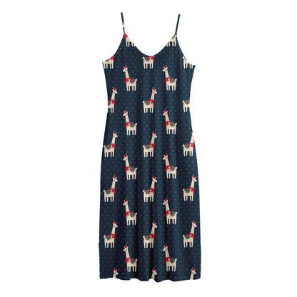 Santa Claus Llama Xmas Pattern Print Jersey Midi Cami Dress