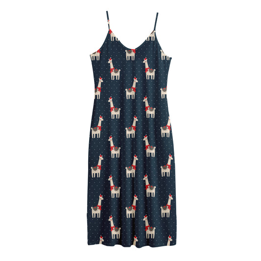 Santa Claus Llama Xmas Pattern Print Jersey Midi Cami Dress