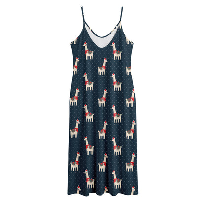 Santa Claus Llama Xmas Pattern Print Jersey Midi Cami Dress