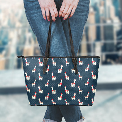 Santa Claus Llama Xmas Pattern Print Leather Tote Bag