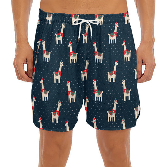 Santa Claus Llama Xmas Pattern Print Men's Split Running Shorts
