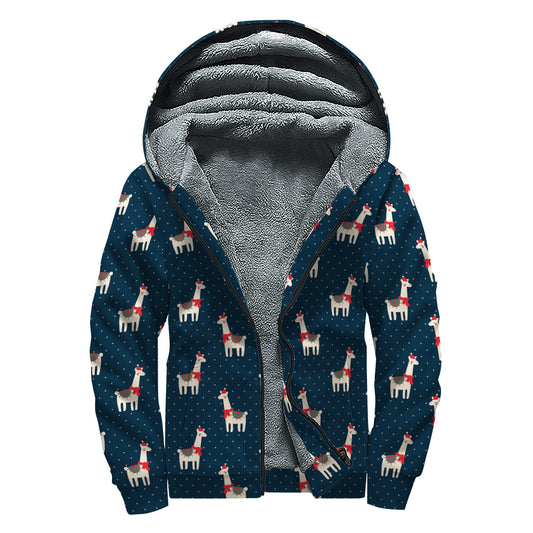 Santa Claus Llama Xmas Pattern Print Sherpa Lined Zip Up Hoodie