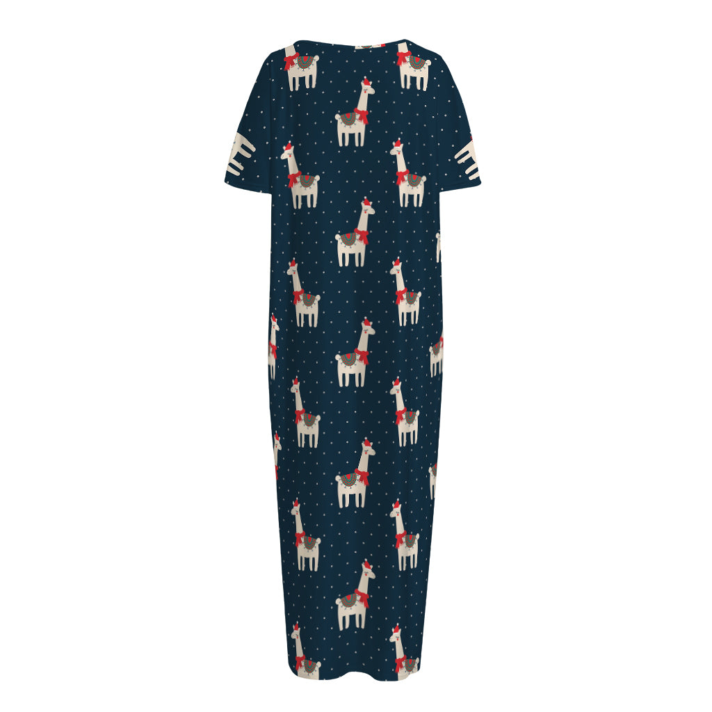 Santa Claus Llama Xmas Pattern Print Short Sleeve Long Nightdress