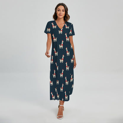 Santa Claus Llama Xmas Pattern Print Short Sleeve Maxi Dress