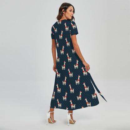 Santa Claus Llama Xmas Pattern Print Short Sleeve Maxi Dress
