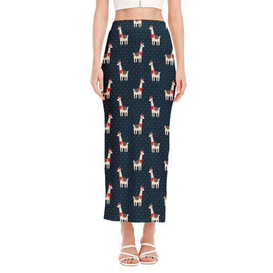 Santa Claus Llama Xmas Pattern Print Side Slit Maxi Skirt