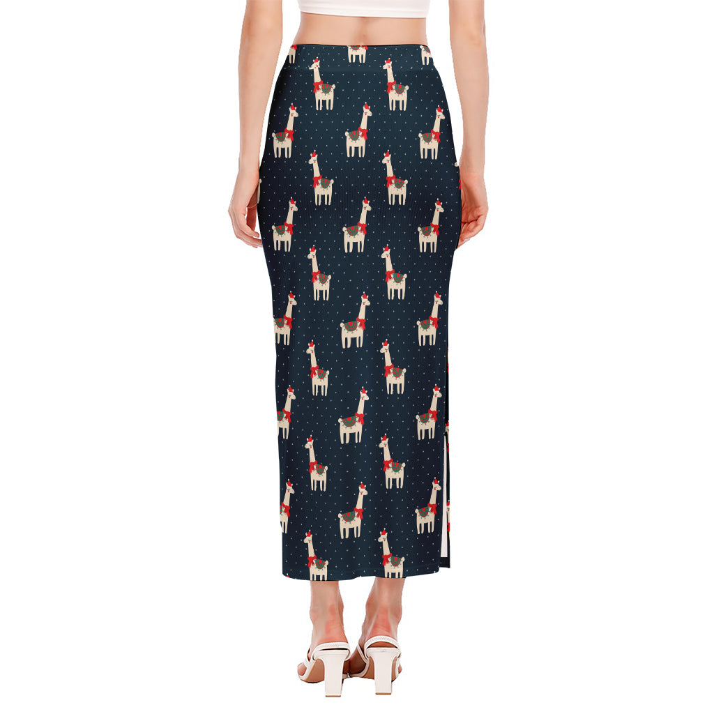 Santa Claus Llama Xmas Pattern Print Side Slit Maxi Skirt