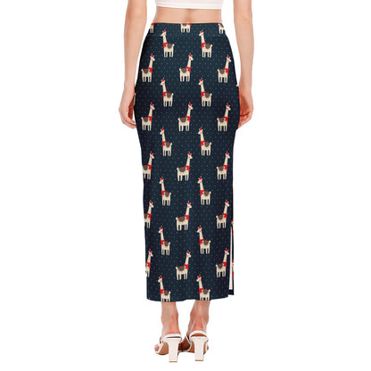 Santa Claus Llama Xmas Pattern Print Side Slit Maxi Skirt