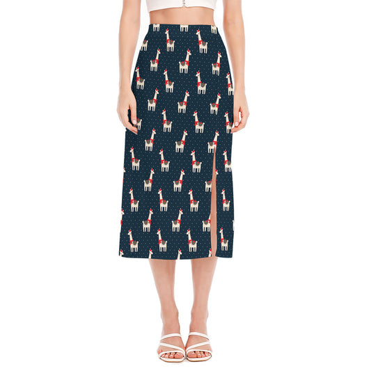 Santa Claus Llama Xmas Pattern Print Side Slit Midi Skirt