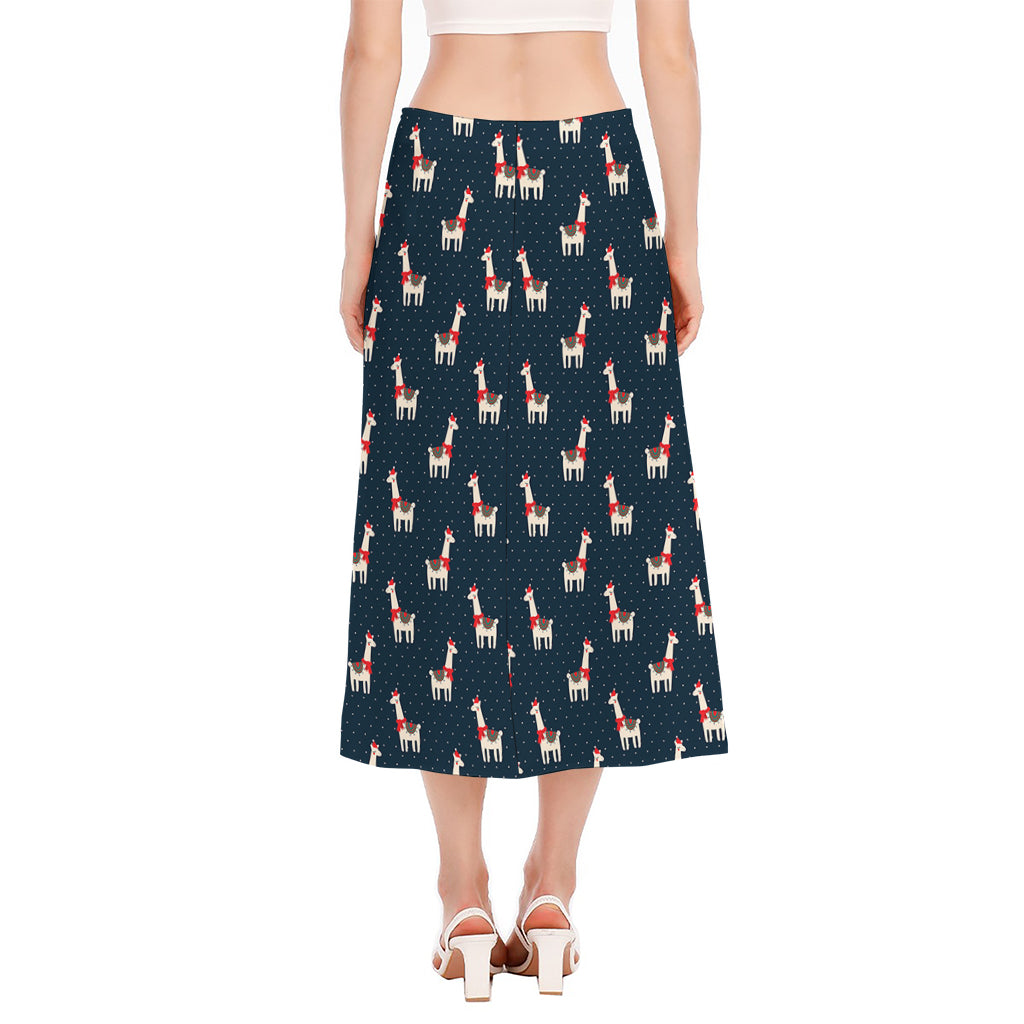 Santa Claus Llama Xmas Pattern Print Side Slit Midi Skirt