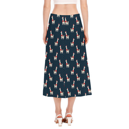 Santa Claus Llama Xmas Pattern Print Side Slit Midi Skirt