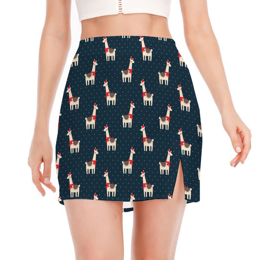 Santa Claus Llama Xmas Pattern Print Side Slit Mini Skirt