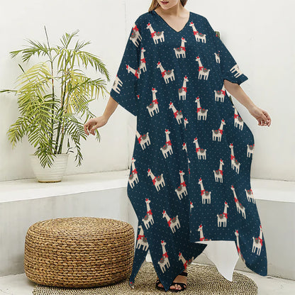 Santa Claus Llama Xmas Pattern Print Silk V-Neck Kaftan Dress