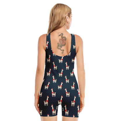 Santa Claus Llama Xmas Pattern Print Sleeveless One Piece Swimsuit