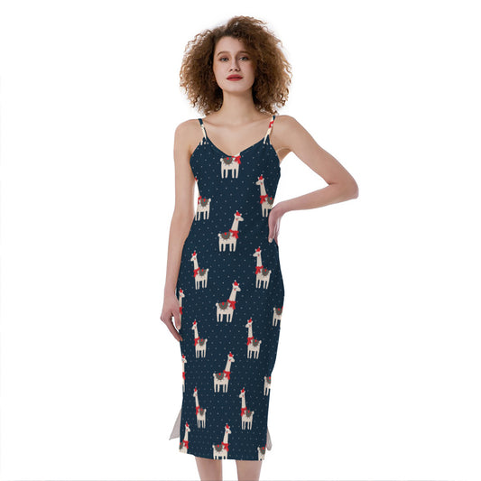 Santa Claus Llama Xmas Pattern Print Slim Fit Midi Cami Dress