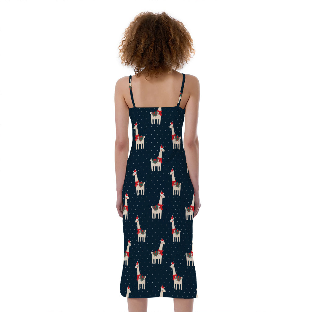 Santa Claus Llama Xmas Pattern Print Slim Fit Midi Cami Dress