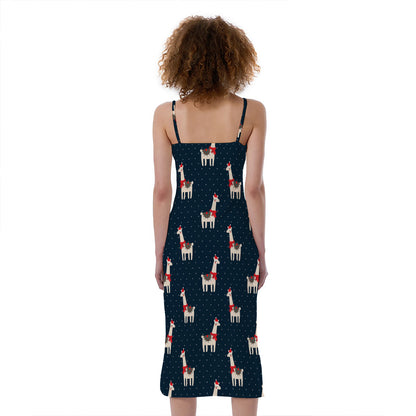 Santa Claus Llama Xmas Pattern Print Slim Fit Midi Cami Dress