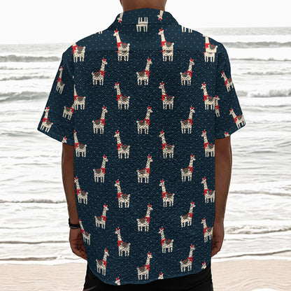 Santa Claus Llama Xmas Pattern Print Textured Short Sleeve Shirt