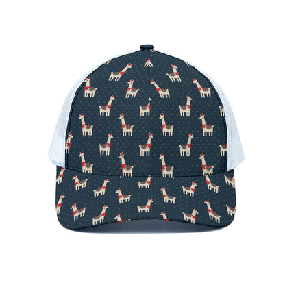 Santa Claus Llama Xmas Pattern Print White Mesh Trucker Cap