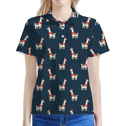 Santa Claus Llama Xmas Pattern Print Women's Polo Shirt