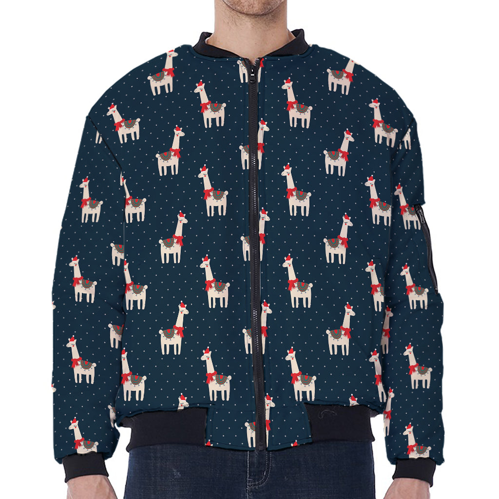 Santa Claus Llama Xmas Pattern Print Zip Sleeve Bomber Jacket
