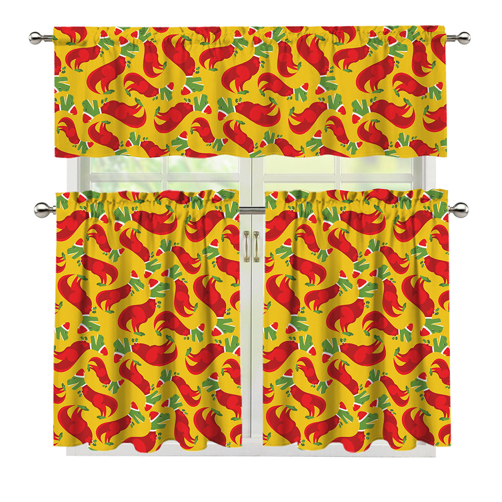 Santa Claus T-Rex Christmas Dino Print 3 Piece Kitchen Curtains