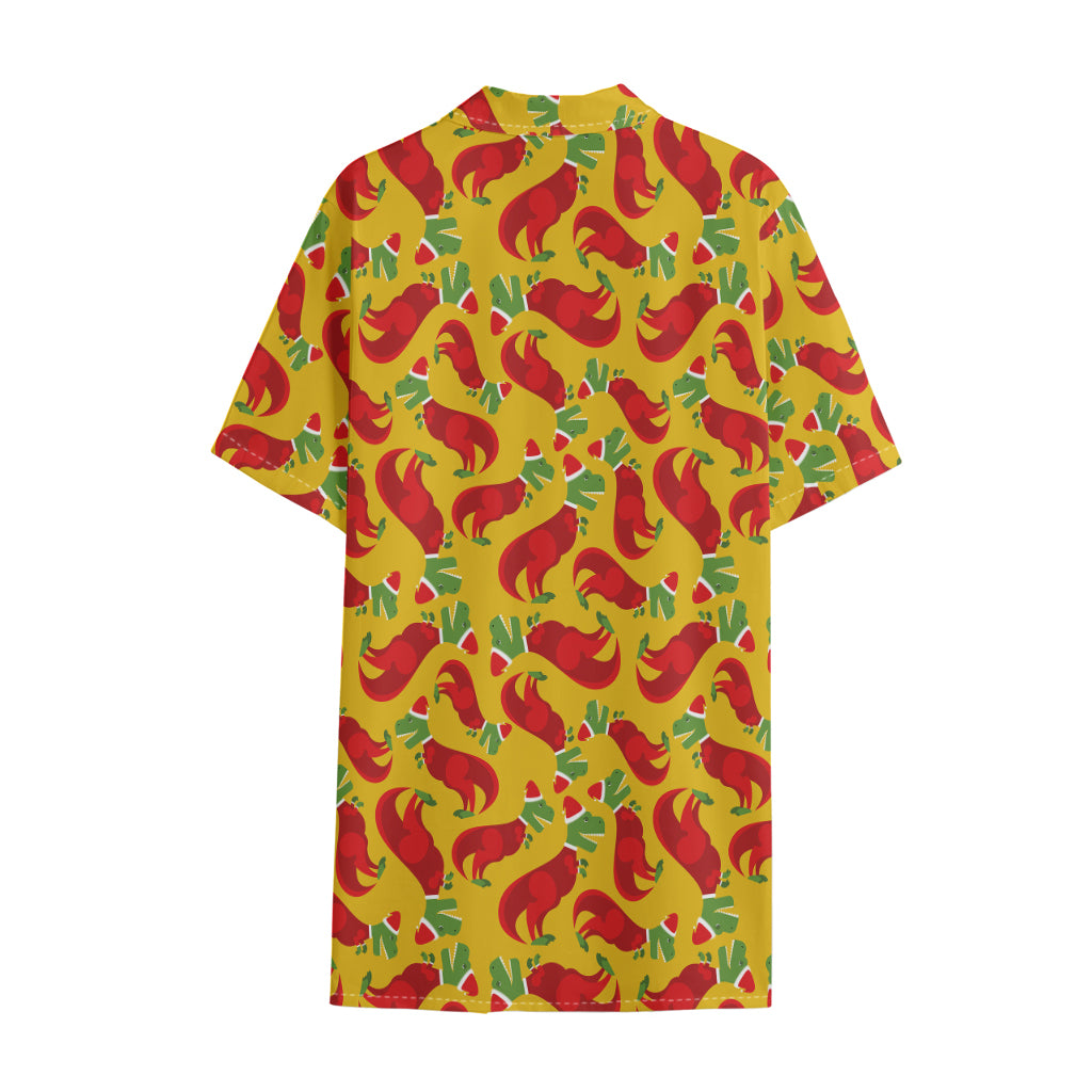 Santa Claus T-Rex Christmas Dino Print Cotton Hawaiian Shirt