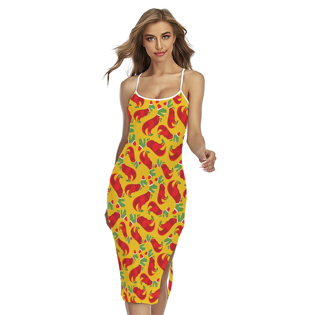 Santa Claus T-Rex Christmas Dino Print Cross Back Cami Dress