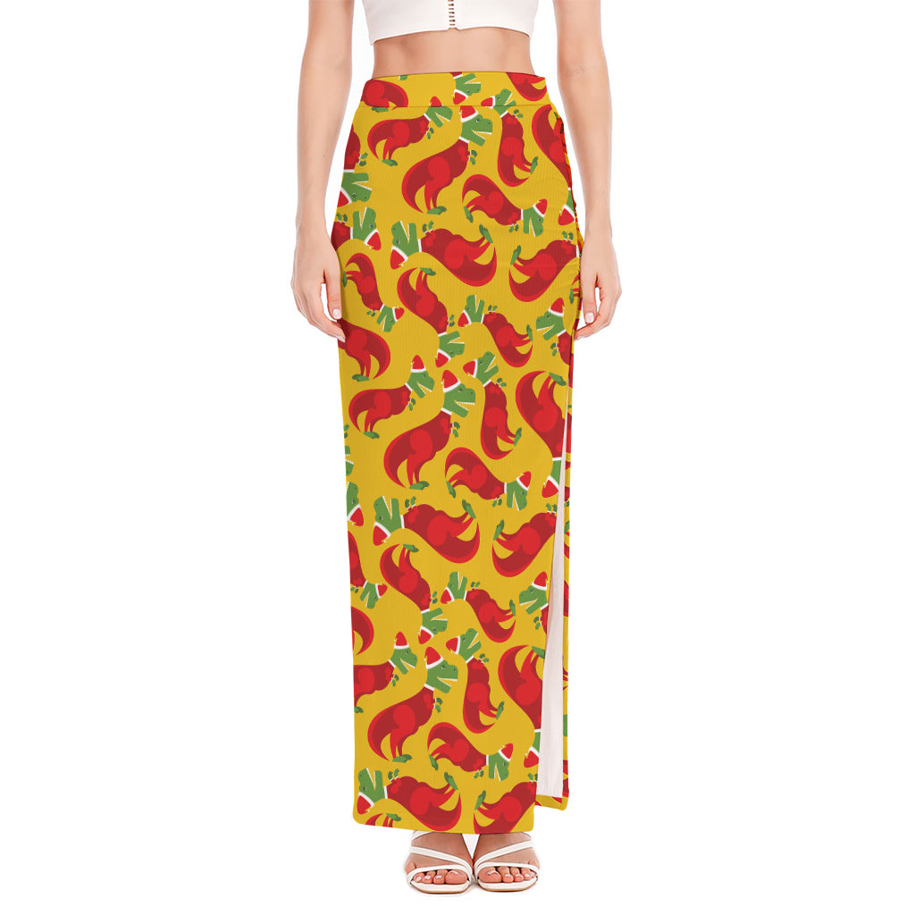 Santa Claus T-Rex Christmas Dino Print High Slit Maxi Skirt
