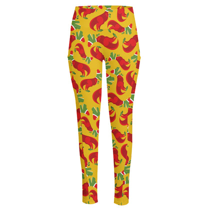 Santa Claus T-Rex Christmas Dino Print High-Waisted Pocket Leggings
