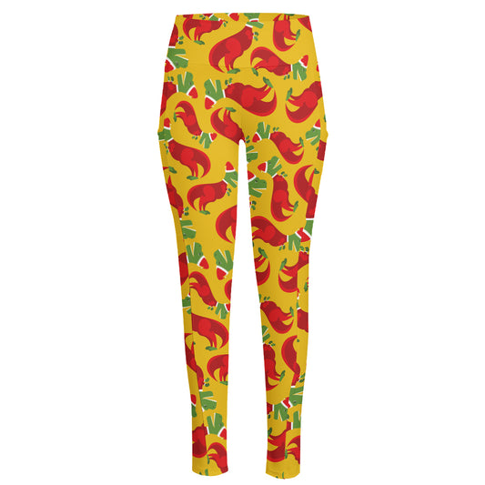 Santa Claus T-Rex Christmas Dino Print High-Waisted Pocket Leggings