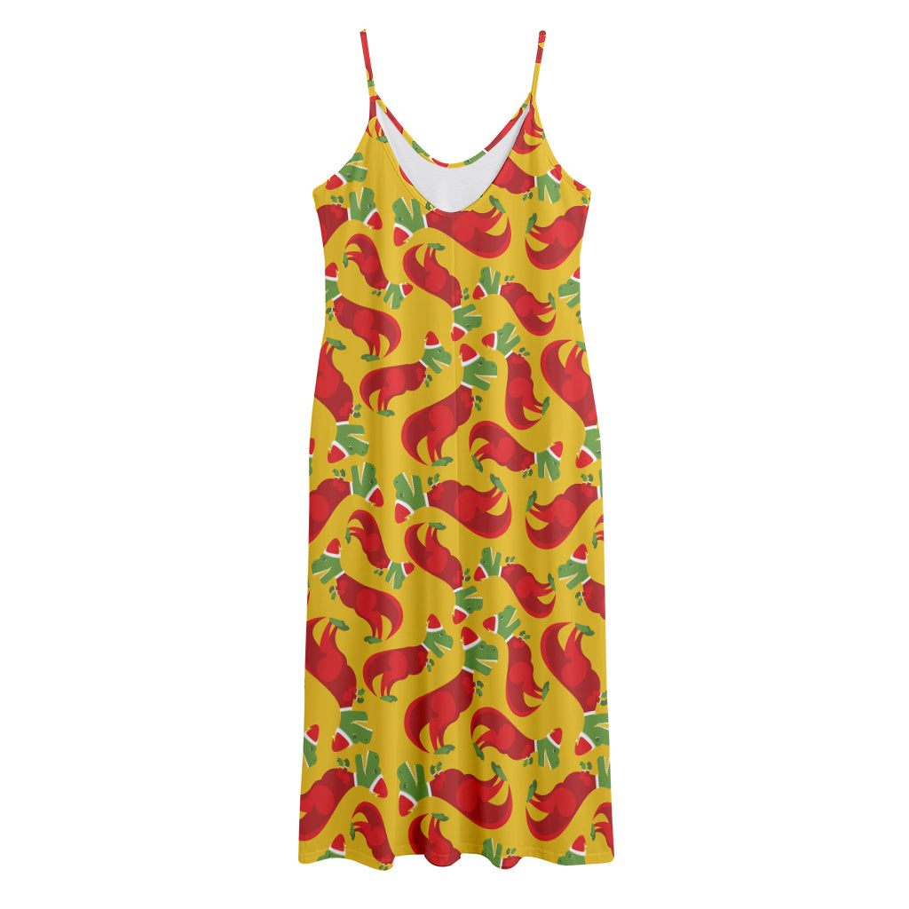 Santa Claus T-Rex Christmas Dino Print Jersey Midi Cami Dress