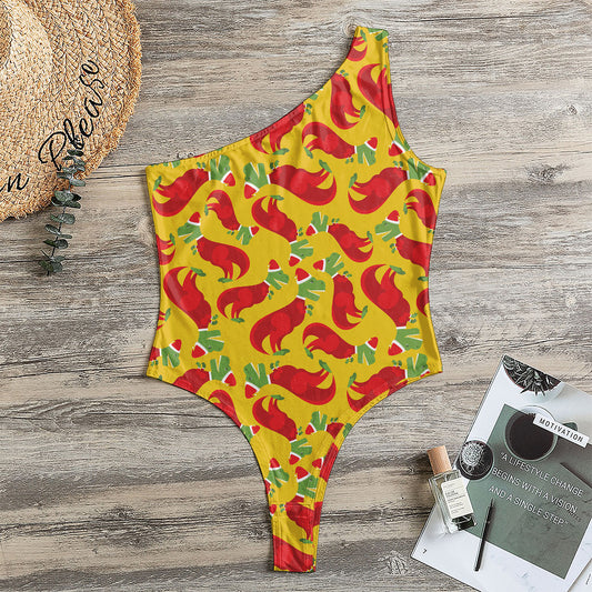 Santa Claus T-Rex Christmas Dino Print One Shoulder Bodysuit