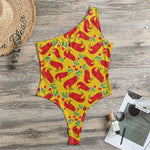 Santa Claus T-Rex Christmas Dino Print One Shoulder Bodysuit